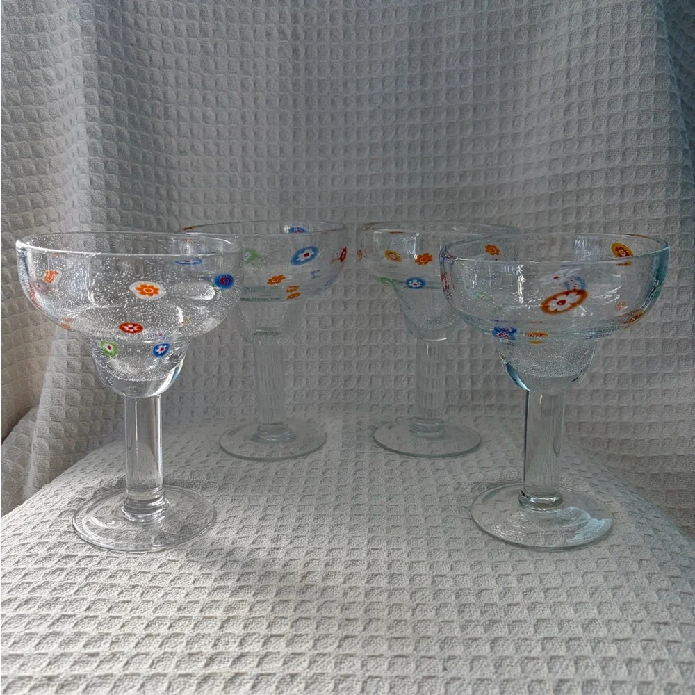 Crate & Barrel Zazz Millefiori Seed Bubble Margarita Glasses (Set of 4) EUC